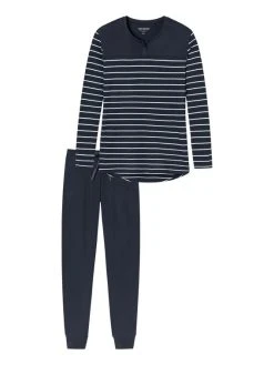 Schiesser Basic Night Bündchen-Pyjama -Leggings Shop Schiesser Basic Nachtwaesche langer Pyjama gestreift blau 161069 804 2